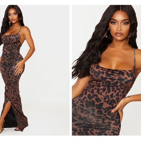 NWOT PrettyLittleThing Shape Brown Leopard Print Slinky Cowl Neck Maxi Dress 6 M - Picture 2 of 8
